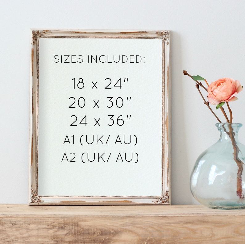 May include: A white frame with the text "SIZES INCLUDED:" and a list of sizes in inches: 18 x 24", 20 x 30", 24 x 36", A1 (UK/AU), A2 (UK/AU).