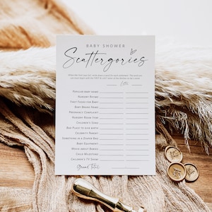 Minimalist Scattergories Game, Scattergories Game Card, Baby Scattergories, Printable Baby Shower Game, Edit with TEMPLETT, WLP-LIN 7206