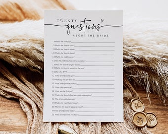 20 Questions about the Bride, Minimalist Bridal Trivia Game Card, Editable Questions, Edit with TEMPLETT, WLP-PAL 5736