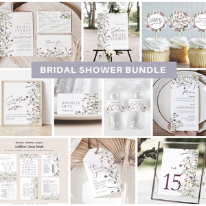 May include: A collection of bridal shower stationery items, including invitations, signage, and table settings. The designs feature floral accents in shades of purple and green. The text "Bridal Shower Bundle" is displayed.