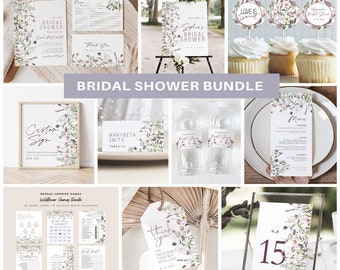 May include: A collection of bridal shower stationery items, including invitations, signage, and table settings. The designs feature floral accents in shades of purple and green. The text "Bridal Shower Bundle" is displayed.
