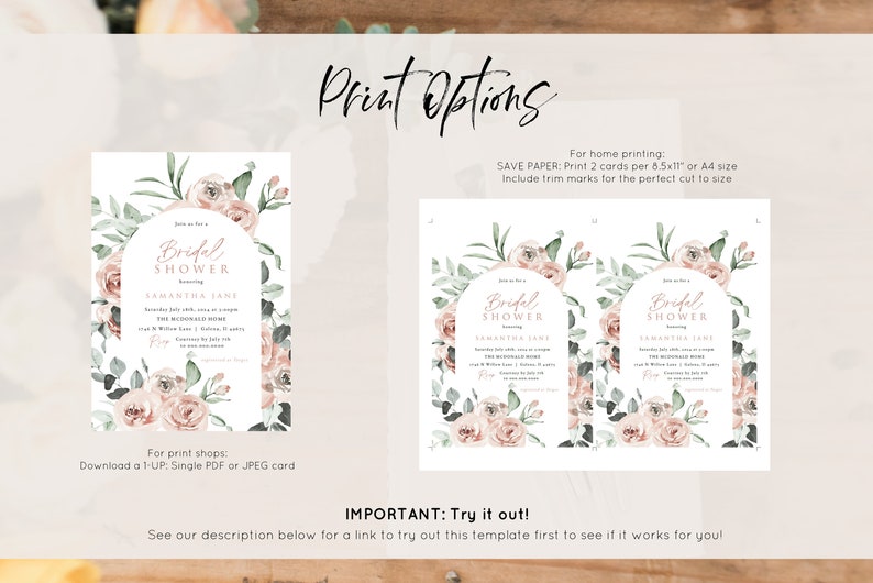 Bridal Shower Invitation, Dusty Pink Bridal Invitation, Boho Bridal Shower Invitation, Instant Download, Edit with TEMPLETT, WLP-ROS 4839 image 3