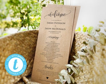 May include: A brown paper wedding ceremony program with the text "Welcome to the wedding of Sarah Paterson & Jason McDonald, November 7th, 2021,  Rocafor, Illinois". The program lists the order of events for the ceremony, including the processional, readings, vows, and recessional. The program ends with the text "Thanks" and the names "Charlotte & Nathanael".