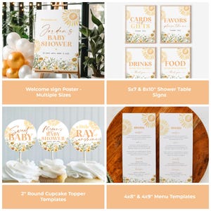K&ouml;nnte beinhalten: Ein Set druckbarer Babyparty-Dekorationen mit einem Sonnenblumen-Thema. Das Set beinhaltet ein Willkommens-Schild, Tischschilder, Cupcake-Topper und Men&uuml;vorlagen. Der Text auf dem Willkommens-Schild lautet "Willkommen zur Babyparty von Jordan".