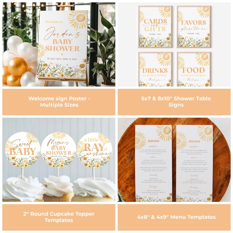 K&ouml;nnte beinhalten: Ein Set druckbarer Babyparty-Dekorationen mit einem Sonnenblumen-Thema. Das Set beinhaltet ein Willkommens-Schild, Tischschilder, Cupcake-Topper und Men&uuml;vorlagen. Der Text auf dem Willkommens-Schild lautet "Willkommen zur Babyparty von Jordan".