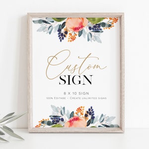 Peach Navy Custom Sign, (Portrait and Landscape), Editable Sign, 8x10, Printable Boho Shower Sign, Edit with TEMPLETT, WLP-NOR 2288