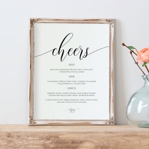 Cheers Bar Sign, Calligraphy Bar Menu Sign, Printable Wedding Bar Sign Template, Bar Menu, 5x7, 8x10, Edit with TEMPLETT, WLP-SOU 1077