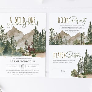 Mountains Baby Shower Invitation, Baby Shower Bundle, Outdoors Baby Shower, Books for Baby Card, Diaper Raffle, TEMPLETT, WLP-PFO 4760