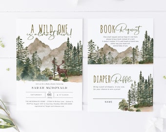 Mountains Baby Shower Invitation, Baby Shower Bundle, Outdoors Baby Shower, Books for Baby Card, Diaper Raffle, TEMPLETT, WLP-PFO 4760
