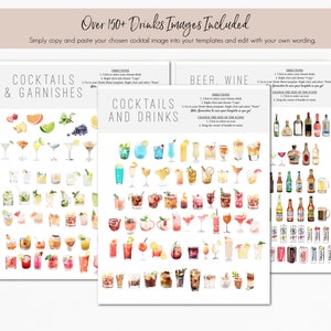 May include: A set of printable digital images featuring over 150 watercolor illustrations of cocktails, garnishes, beer, and wine. The images are perfect for creating custom drink menus, party invitations, or other DIY projects.