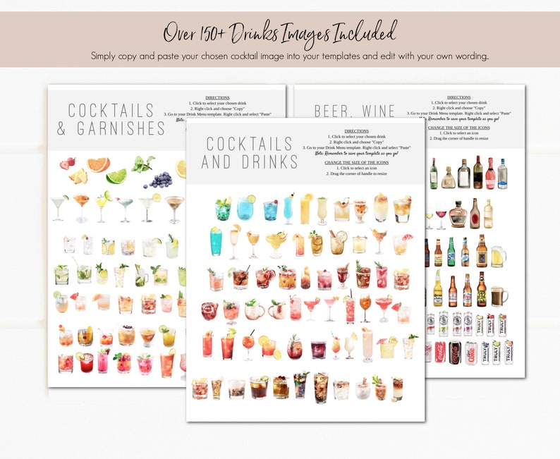 May include: A set of printable digital images featuring over 150 watercolor illustrations of cocktails, garnishes, beer, and wine. The images are perfect for creating custom drink menus, party invitations, or other DIY projects.