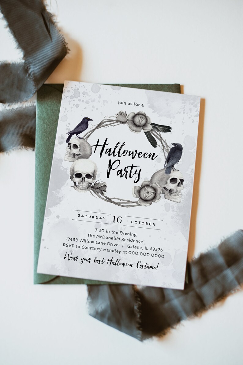 May include: A Halloween party invitation with a black and white watercolor design featuring skulls, crows, and roses. The text reads "Join us for a Halloween Party" and includes the date, time, and location of the event. It also encourages guests to wear their best Halloween costume.