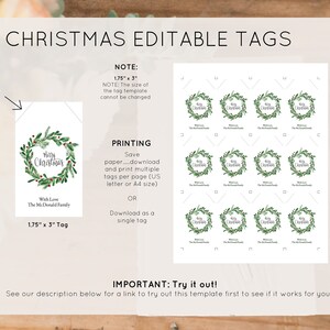 May include: Printable Christmas gift tags featuring a green wreath with red berries and the text "Merry Christmas". The tags are 1.75 inches by 3 inches and can be printed on US letter or A4 size paper.