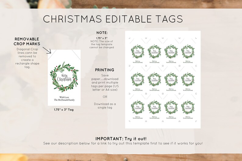 May include: Printable Christmas gift tags featuring a green wreath with red berries and the text "Merry Christmas". The tags are 1.75 inches by 3 inches and can be printed on US letter or A4 size paper.