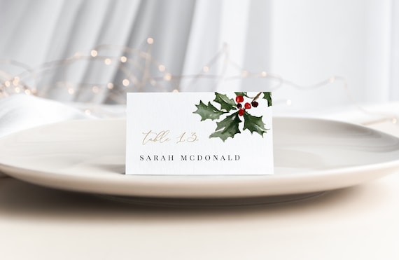 Christmas Holly Place Card Template, Holiday Party Seating Card, Name Card, Instant Download, Edit with TEMPLETT, WLP-RHO 4687
