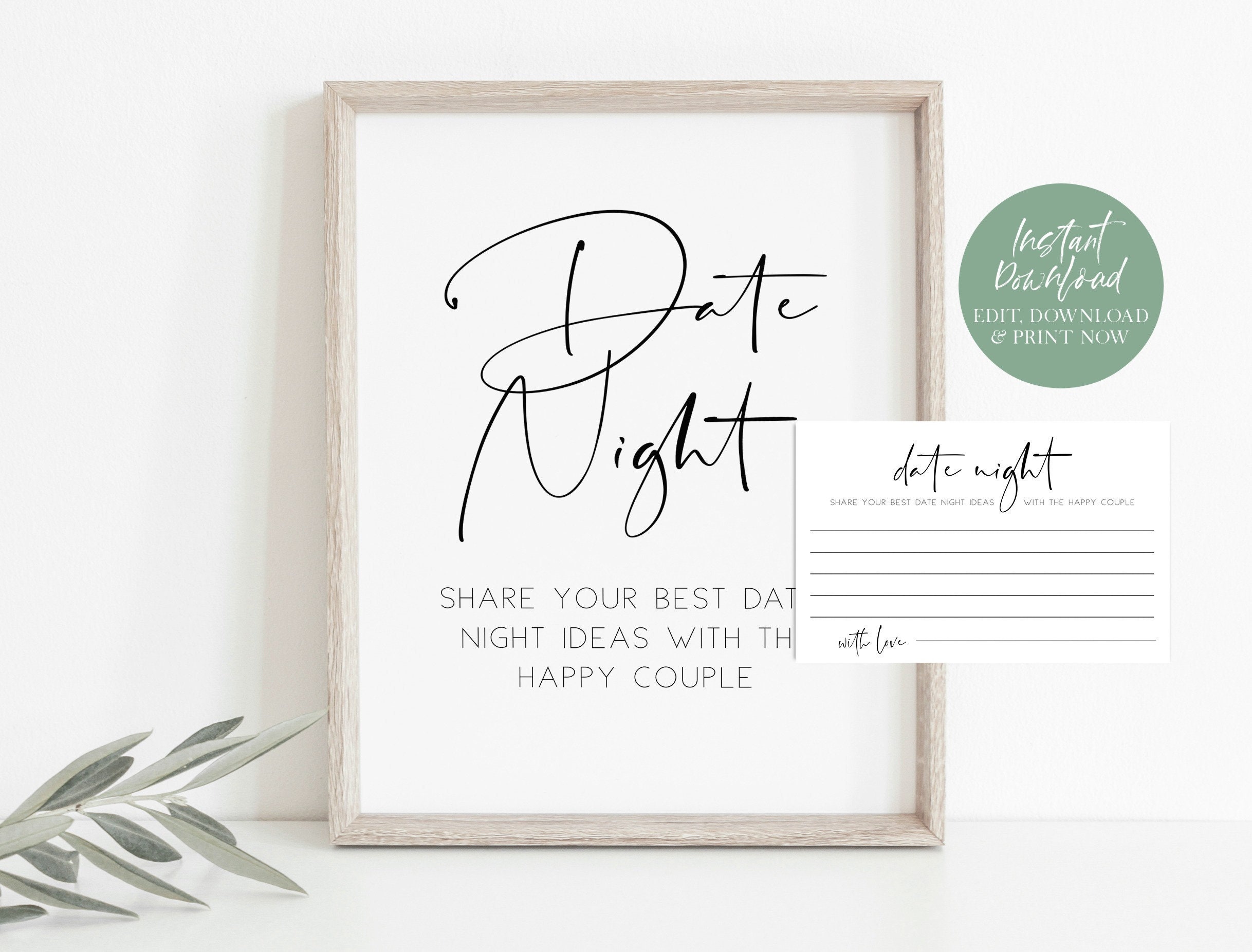 Date Night Ideas Sign, Wedding Date Night Advice, Date Night Ideas Cards,  Wedding Sign, Bridal Shower Game, TEMPLETT, WLP-DRA 1088 