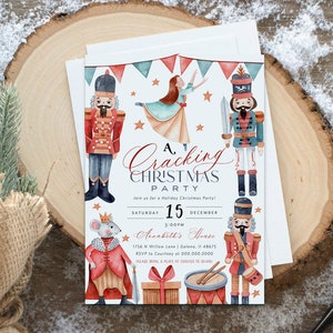 May include: A white invitation card with a watercolor illustration of characters from the Nutcracker ballet. The text reads "A Cracking Christmas Party" with the date and time of the party.