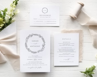 Wreath Wedding Invitation Suite, Editable Wedding Invitation, Modern Rustic Wedding Suite, Templett Wedding Invitation, WLP-BWR 3109