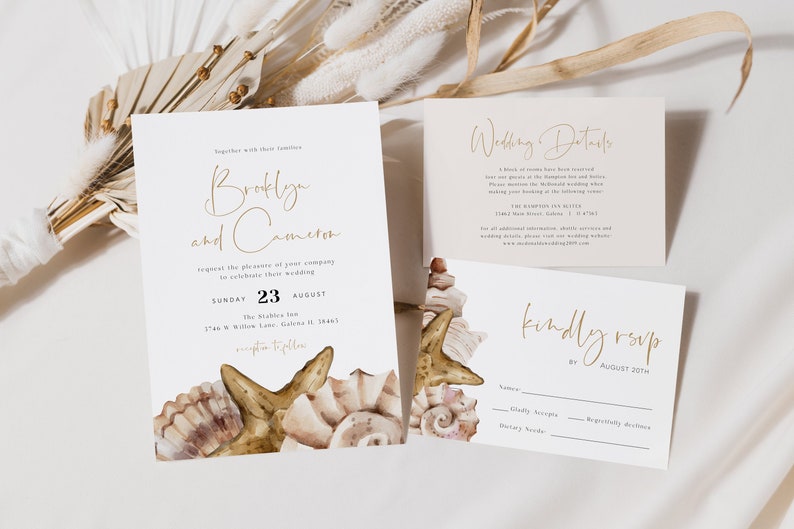 Seashell Wedding Invitation, Beach Wedding Invitation Set, RSVP, Details Card & Thank You Card, Instant Download, Templett, WLP-SSH 4145 image 1