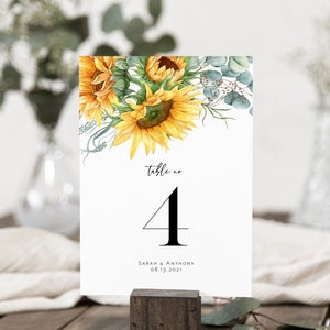 Sunflower Printable Table Numbers, Editable Table Numbers, 5x7, 4x6, Templett Table Numbers, Sunflower Table Number Signs, WLP-SUU 3248