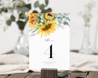 Sunflower Printable Table Numbers, Editable Table Numbers, 5x7, 4x6, Templett Table Numbers, Sunflower Table Number Signs, WLP-SUU 3248