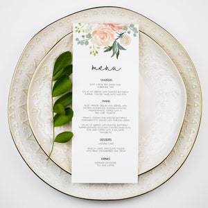 Plantilla de tarjeta de menú de melocotón, menú floral imprimible, descarga instantánea, 2 tamaños, editar con TEMPLETT, plantilla de tarjeta de menú diy, WLP-PEA 652