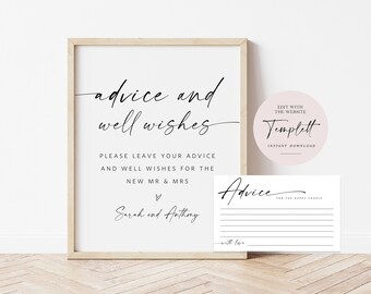 Wedding Advice Sign Template, Printable Advice Cards, Wedding Signs, Well Wishes Sign,  Advice Cards, Edit with TEMPLETT, WLP-LIN 7156