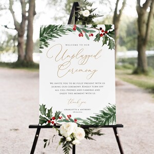 Unplugged Ceremony Sign, Christmas Wedding Unplugged Poster Sign Template, Printable Wedding Sign, Wreath, TEMPLETT, WLP-RHO 6073
