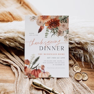 Thanksgiving Invitation, Thanksgiving Dinner Invitation, Printable Thanksgiving, Thanksgiving Floral Invitation, TEMPLETT, WLP-THA 6706