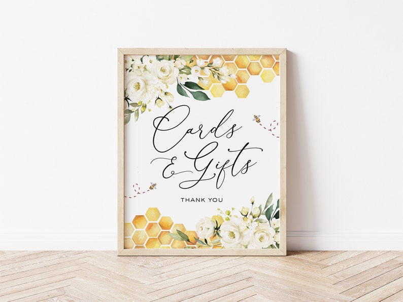 Bee Cards and Gifts Sign, Cards and Gifts Sign Printable, Favors Template, Baby Shower Sign, Edit with TEMPLETT, WLP-FBE 4808 image 1