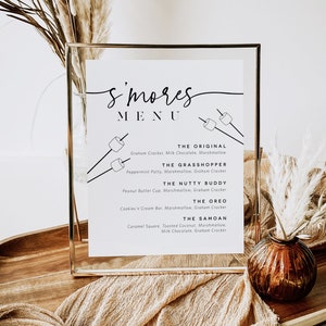 S'mores Menu Sign, Smore Bar Sign, S'more Station, Summer Wedding, Fall Wedding, Outdoor Party, Modern Wedding Sign, TEMPLETT, WLP-PAL 4894