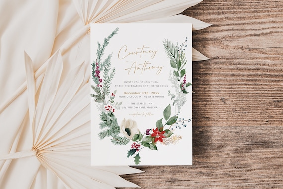 Christmas Wedding Invitation, Wildflower Wedding Invitation, Printable Wedding Invite, Instant Download, Edit with TEMPLETT, WLP-HCH 5643