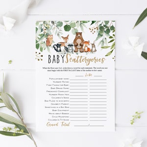 Woodland Scattergories Game, Scattergories Game Card, Baby Scattergories, Printable Baby Shower Game, Edit with TEMPLETT, WLP-RWW 4165