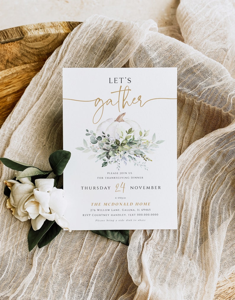 Let's Gather Invitation, Thanksgiving Dinner Invitation, Printable Thanksgiving, Thanksgiving Greenery Invitation, TEMPLETT, WLP-THA 6705 image 3