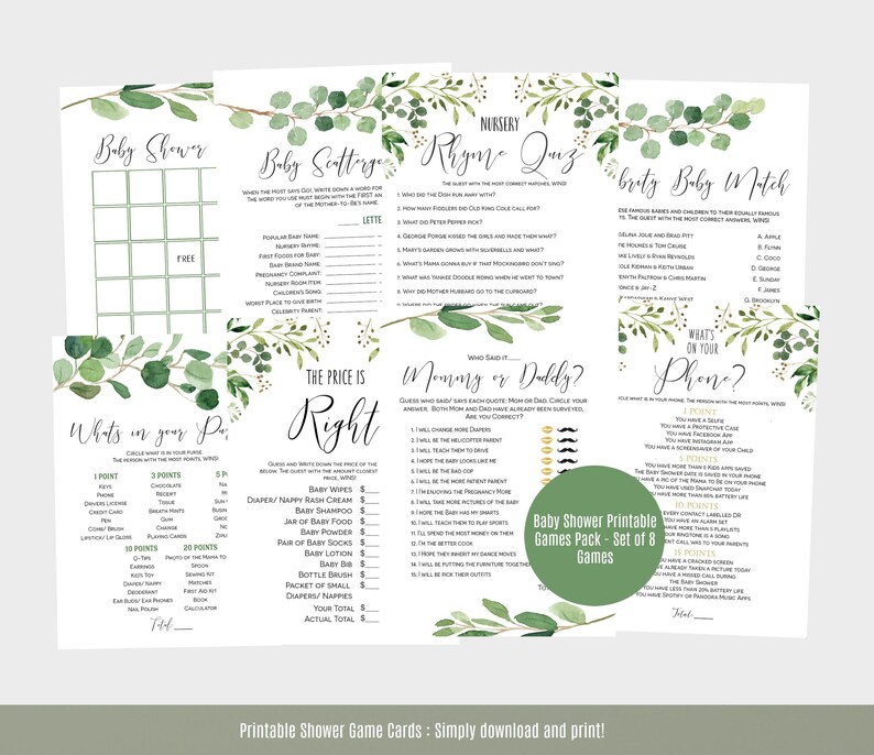 Baby Shower Games Template Greenery Baby Shower Game Cards Etsy Baby Shower Games Template Greenery Baby Shower Game Cards Etsy