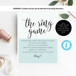 The Ring Game, Bridal Shower Game Sign, Bridal Shower Sign Template, Bridal Ring Game, Ring Game Sign, Edit with TEMPLETT, WLP-SOU 768 image 3
