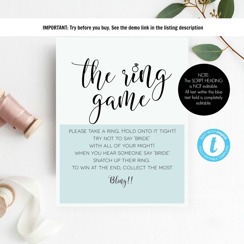 May include: A light blue printable card with the text "the ring game" in black cursive font. The card includes instructions for a game where participants try to collect the most rings. The text "Bling!!" is at the bottom of the card.
