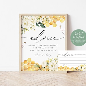 May include: A printable baby shower advice card with a honeycomb and floral design. The card says "advice" and "Share your best advice and well wishes for the new parents".
