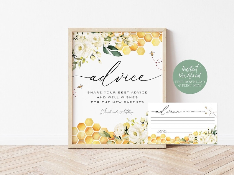 May include: A printable baby shower advice card with a honeycomb and floral design. The card says "advice" and "Share your best advice and well wishes for the new parents".