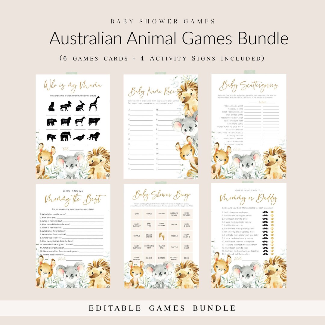 Baby Shower Game Bundle, Australian Animals Baby Shower Games, Games