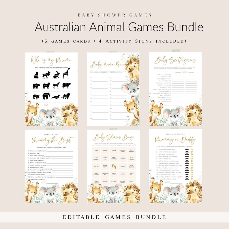 Baby Shower Game Bundle, Australian Animals Baby Shower Games, Games