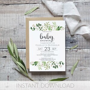 Greenery Baby Shower Invitation Template, Printable Eucalyptus Editable Invitation, WLP-EUC 401, Templett Baby Shower image 2