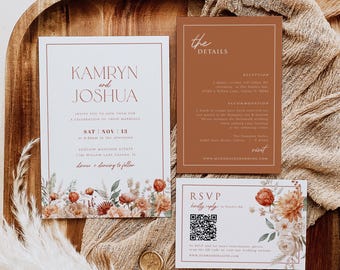 Terracotta Wedding Invitation Template, Autumn Wedding Invitation Bundle, Fall Wedding Invitation Set, Edit with TEMPLETT, WLP-TAU 8463