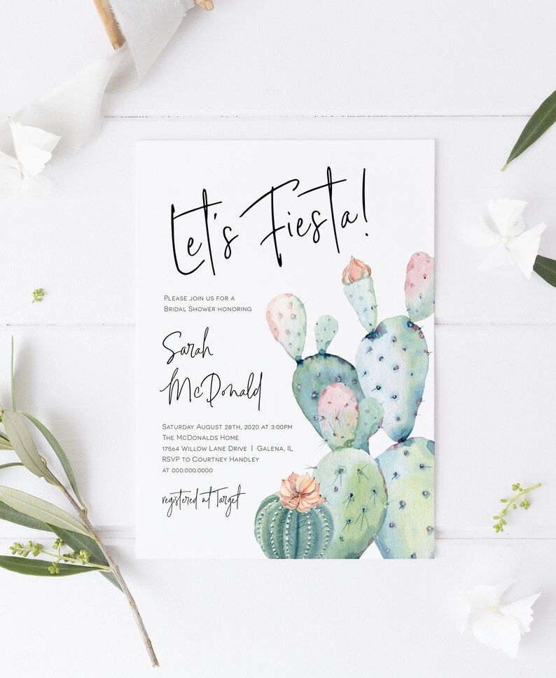 May include: Let's Fiesta! Bridal shower invitation with a watercolor illustration of cacti in shades of green, pink, and orange. The invitation includes the bride's name, Sarah McDonald, the date and time of the shower, the location, and RSVP information. The invitation also states that the bride is registered at Target.