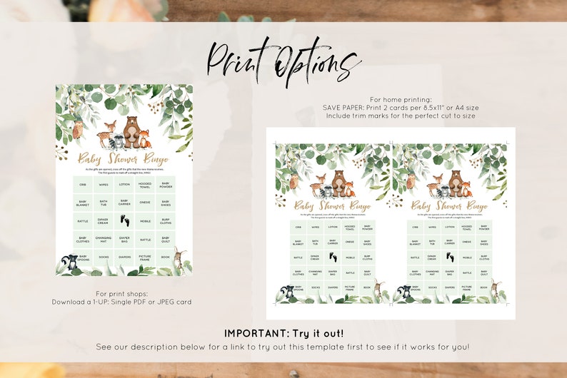 May include: Printable baby shower bingo cards with a woodland theme. The cards feature a green and brown color scheme with illustrations of a bear, deer, and owl. The text "Baby Shower Bingo" is printed in gold lettering.