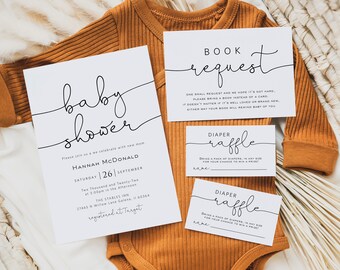 May include: A set of baby shower stationery with a minimalist design. The invitation features the words "baby shower" in cursive, alongside event details. Additional cards request books and offer a diaper raffle. The items are arranged on a brown babygrow.