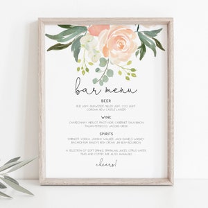 Peach Bar Menu Sign, Greenery Bar Menu Template, 8x10, Printable Bar Menu Sign, Instant Download, TEMPLETT, WLP-PEA 911