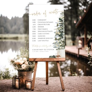 May include: A white sign with a gold and green watercolor illustration of a Christmas tree. The sign lists the order of events for a wedding, including the ceremony, cocktails, dinner, first dance, speeches, cake cutting, dancing, sparkler send off, and last shuttle. The sign also includes the names Courtney & Steven and the date 8.19.2020.