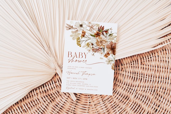 Fall Baby Shower Invitation Template, Autumn Baby Shower Invitation Template, Fall Floral, Gender Neutral, TEMPLETT, WLP-AUW 5990