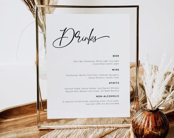 Wedding Bar Menu Sign, Printable Bar Menu Template, Modern Drinks Sign, Bar Menu Sign, 3 Sizes, Edit with TEMPLETT, WLP-SIL 4427